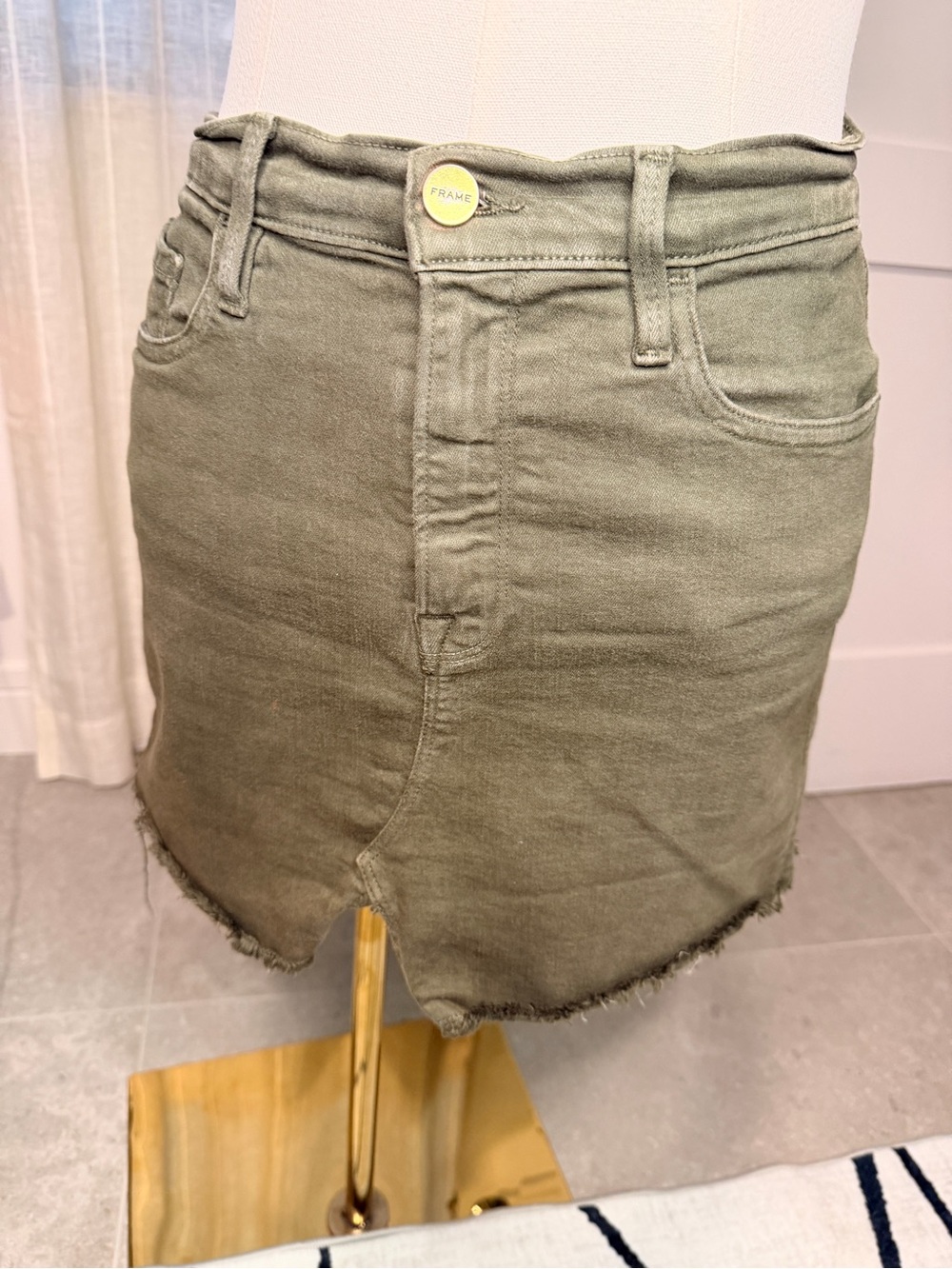 Frame Denim Olive Cotton-Blend Mini Skirt with Raw Hem